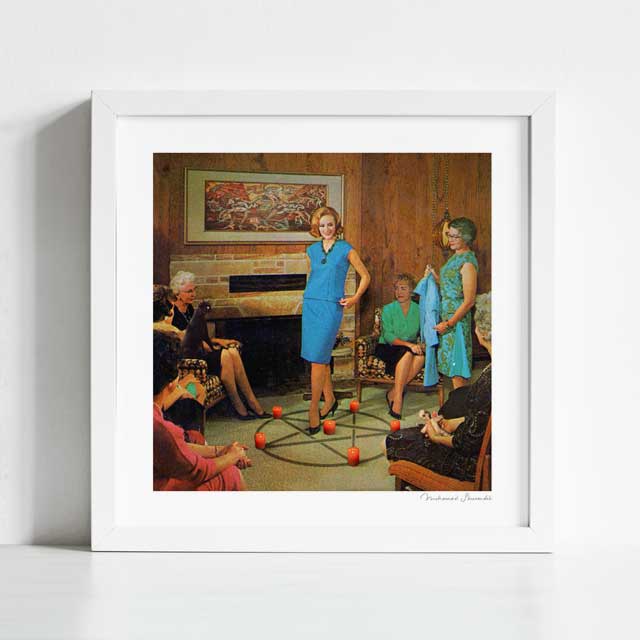 Aunt Sadie's Fashion Conscious Group art print framed view — vintage surreal collage of a suburban witch's coven disguised as a 1960s fashion party, dark kitsch wall art for eclectic gallery walls and witchy interiors