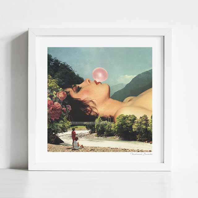 Close-up detail of Bubble Gum Girl art print — dreamy girl with pink bubblegum, nostalgic 90s pop art wall decor for feminine interiors