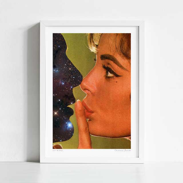 Lust in Space art print framed view — surreal collage of vintage woman facing a deep space galaxy silhouette in an intimate almost-kiss, cosmic love wall art for romantic and eclectic gallery walls