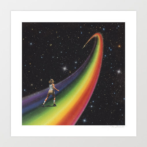 Retro Cosmic Rainbow Roller Skating art print framed vertical — a tiny human figure in 1970s roller skating attire standing mid-stride on a massive vivid rainbow sweeping through deep space against a black starfield full of stars, surreal retro cosmic good vibes skating print for creative studios dance spaces and gallery walls