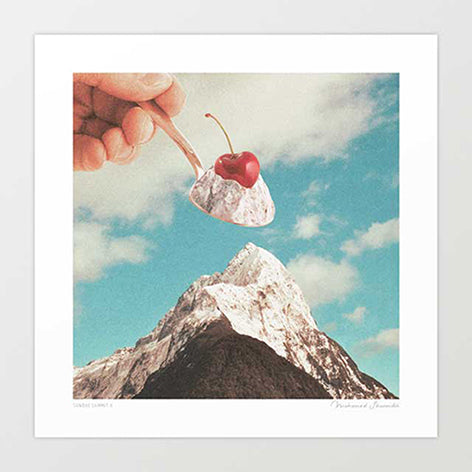 Surreal art print — giant hand scooping vanilla ice cream from a snow-dusted alpine mountain summit with a red cherry on top, blue sky behind, adventure meets dessert wall art by Vertigo Artography