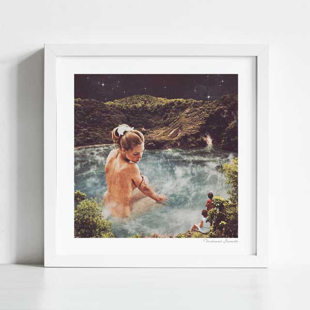 The Spa art print framed view — surreal 1970s collage of a colossal golden woman bathing in a volcanic crater as her personal spa under a star filled sky, holistic goddess wall art for wellness centres spas and gallery walls