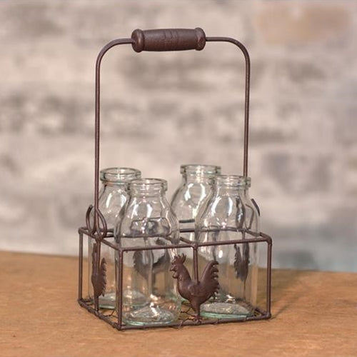 Wire Rooster Bottle Carrier with Four Glass Bottles