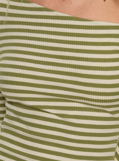Adrietta Long Sleeve Off Shoulder Mini Dress Cream / Matcha Stripe