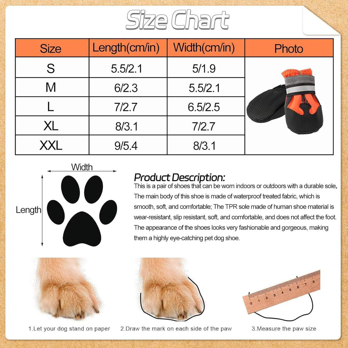 HAPURS - waterproof dog boots with reflective straps - non-slip, adjustable protection for outdoor adventures (Orange)