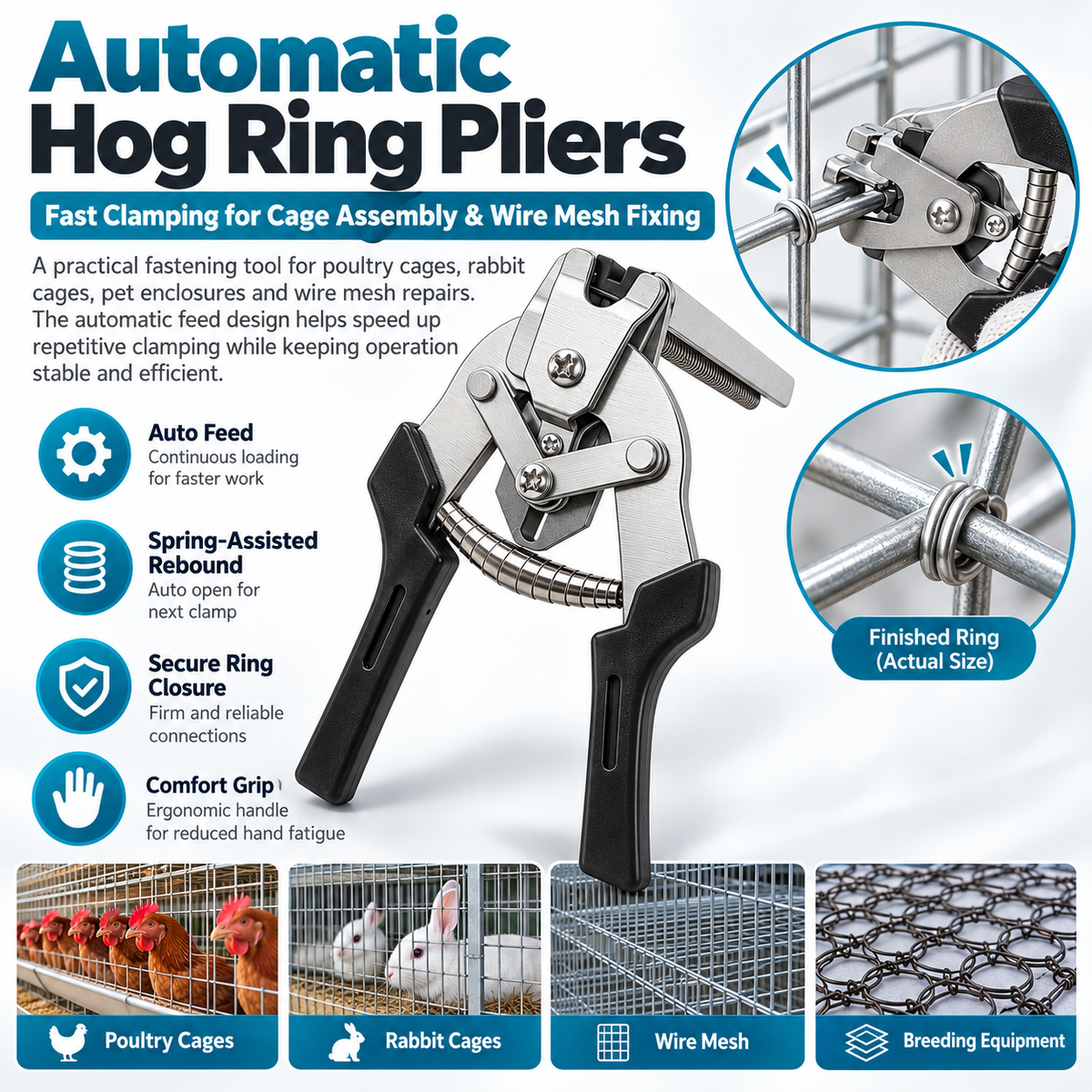 Auto Feed Hog Ring Pliers, Spring Return M Clips Pliers for Chicken Rabbit Pet Cage & Wire Mesh Fixing