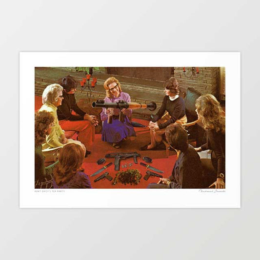 Aunt Daisy's Tea Party surreal art print horizontal — six 1970s women seated in a warm circle in a wood-panelled living room with red carpet and candelabra the central hostess in purple dress cradling an RPG launcher while pistols knives submachine gun and grenades are displayed on the carpet like a Tupperware party, surreal feminist dark humour print for bars and bold interiors