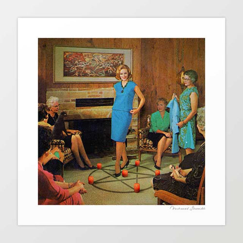 Aunt Sadie's Fashion Conscious Group surreal art print — 1960s women gathered around a pentagram with red candles, a voodoo doll and a black cat hidden in plain sight, dark occult kitsch wall art for bold and eclectic interiors