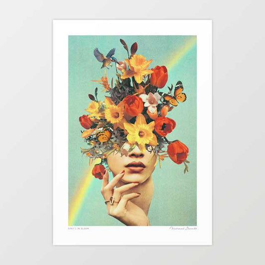 Baby's in Bloom surreal floral art print — human flower head with vibrant blooms and butterflies, bold botanical portrait wall art for eclectic interiors