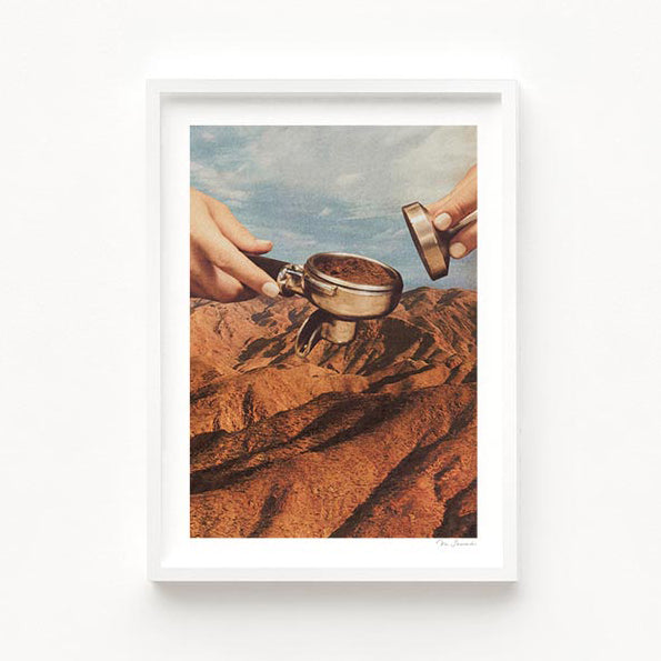 Barista Coffee County art print second view — close detail of barista hands with portafilter and tamper positioned over ancient red rock desert ridges against a blue cloudy sky, the daily grind rendered at landscape scale, specialty coffee barista wall art for cafe decor hotel coffee shops and coffee lover gift ideas