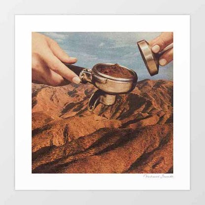 Barista Coffee County art print square format — surreal collage of espresso portafilter resting on terracotta desert rock with tamper approaching from above, warm earth tones of coffee grounds and canyon landscape unified in colour, quirky coffee art for kitchen walls cafe interiors and barista gift ideas