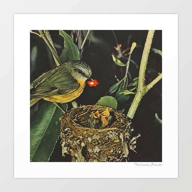 Birdie Likes surreal art print — bird feeding chicks a social media like icon in a nest, witty nature and digital culture wall art for eclectic and creative interiors