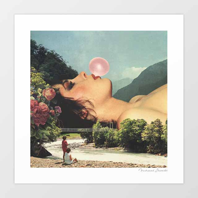 Surreal art print of a serene girl blowing a pink bubble gum bubble in a soft natural landscape — retro pop art wall decor for bedrooms
