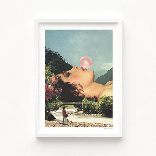 Bubble Gum Girl art print in situ — whimsical pastel pink pop art poster for teen rooms, girls bedrooms and gallery walls
