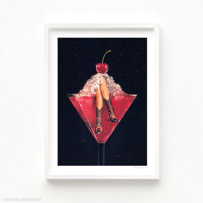 Cherry Cowgirl Margarita art print second view — cowgirl boots legs up in a deep red cherry cocktail martini glass with crushed ice and maraschino cherry, cosmic starry black background, sassy western bar cart decor for Nashville bachelorette parties cowgirl core interiors and girls night gift ideas