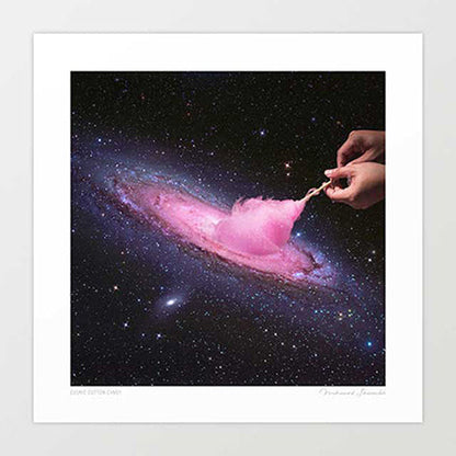 Surreal square art print — pink cotton candy swirl merging with a spiral galaxy in deep space, fairground meets cosmos wall art by Vertigo Artography