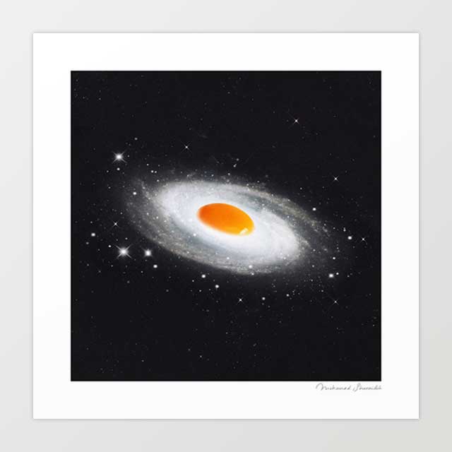 Cosmic Egg surreal art print — glowing fried egg yolk suspended in a swirling galaxy, bold retro space kitchen wall art for food lovers and eclectic interiors
