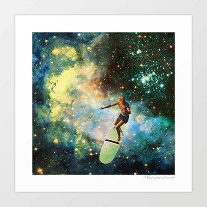 Cosmic Surfer surreal art print — retro surfer riding ocean waves through a star-filled galaxy, bold space and surf fusion wall art for eclectic and creative interiors