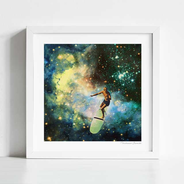 Cosmic Surfer art print framed view — vintage surreal collage of surfer navigating the cosmos, retro space ocean wall art for living rooms and gallery walls
