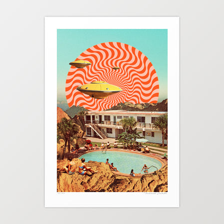 Cosmic UFO Pool Party surreal collage art print — two golden flying saucers hovering above a vintage 1960s desert motel kidney pool with sunbathers and palm trees, psychedelic red and white hypnotic spiral vortex in mint turquoise sky, retro kitsch Americana UFO pool party wall art for eclectic and summer-loving interiors