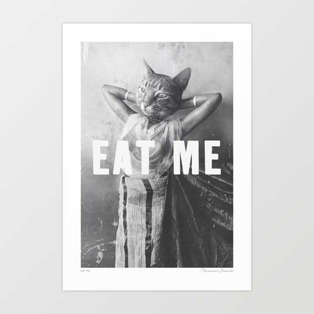 Eat Me surreal art print — vintage monochrome pin-up woman in sheer Grecian negligee with pearl necklace arms raised behind head with tabby cat head and bold white EAT ME typography, funny surreal cat wall art for eclectic and statement interiors