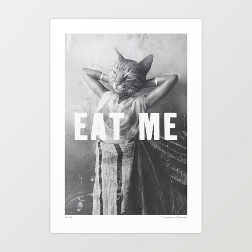 Eat Me surreal art print — vintage monochrome pin-up woman in sheer Grecian negligee with pearl necklace arms raised behind head with tabby cat head and bold white EAT ME typography, funny surreal cat wall art for eclectic and statement interiors
