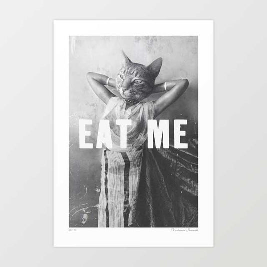 Eat Me surreal art print — vintage monochrome pin-up woman in sheer Grecian negligee with pearl necklace arms raised behind head with tabby cat head and bold white EAT ME typography, funny surreal cat wall art for eclectic and statement interiors
