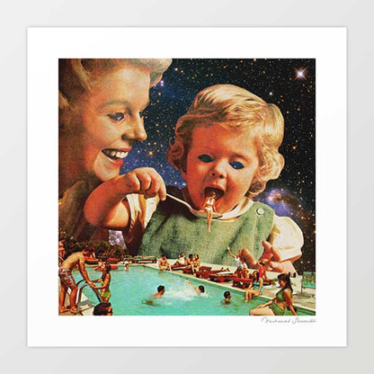 Eat Up surreal dark humour art print — giant vintage-style child eating miniature people by a cosmic pool, quirky pop surrealism wall art for bold and eclectic interiors
