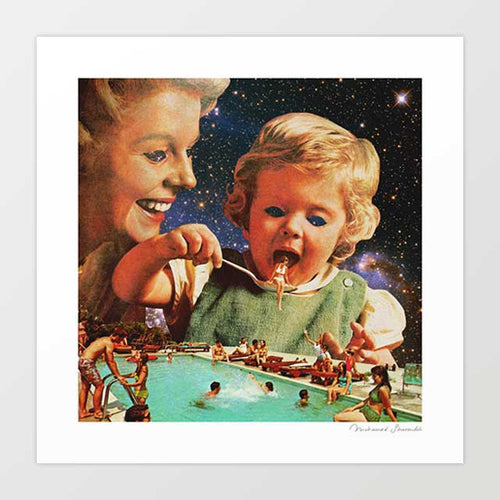 Eat Up surreal dark humour art print — giant vintage-style child eating miniature people by a cosmic pool, quirky pop surrealism wall art for bold and eclectic interiors