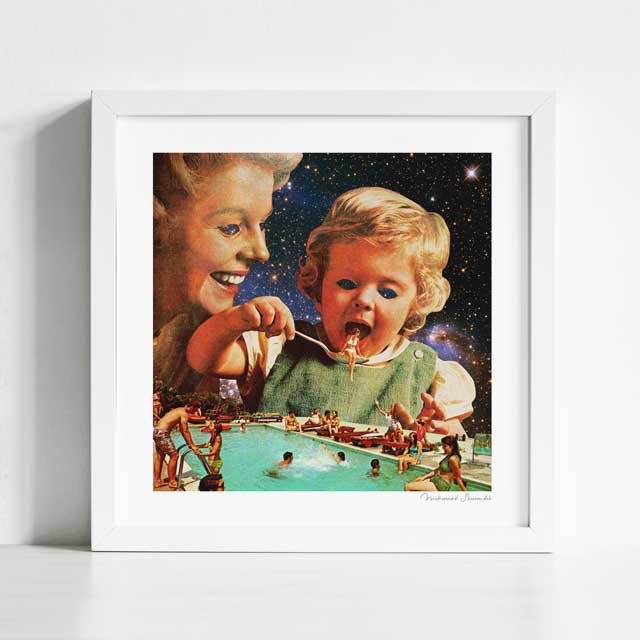 Eat Up art print framed view — surreal collage of oversized child and miniature pool scene, dark humour pop art wall art for gallery walls and conversation-starting spaces