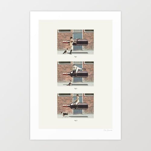 Eqwine Ride surreal art print — three sequential vintage instructional panels Fig 1 Fig 2 and Fig 3 on cream background, woman in traditional English equestrian attire with riding jacket jodhpurs and black riding boots mounting and riding a giant horizontal dark wine bottle against a brick wall with teal painted door, beagle hound watching and trotting alongside, surreal equestrian wine lover wall art for wineries, country houses and horse enthusiasts