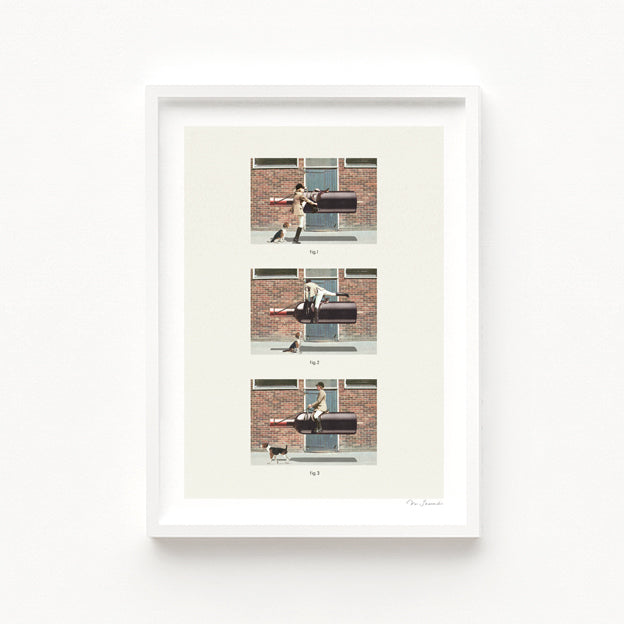 Eqwine Ride art print framed view — vintage three-panel instructional diagram showing an English equestrian rider in full riding dress astride a giant wine bottle with a beagle companion, retro cream background with Fig 1 Fig 2 Fig 3 labels, humorous surreal wine and horse lover wall art for tasting rooms, equestrian clubs and country kitchen interiors