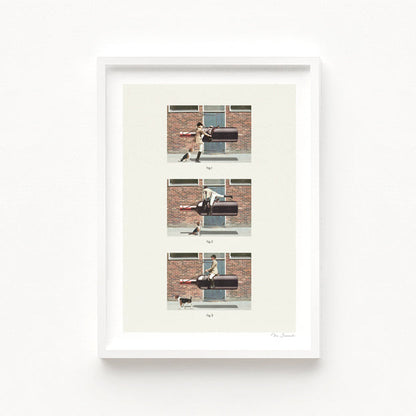 Eqwine Ride art print framed view — vintage three-panel instructional diagram showing an English equestrian rider in full riding dress astride a giant wine bottle with a beagle companion, retro cream background with Fig 1 Fig 2 Fig 3 labels, humorous surreal wine and horse lover wall art for tasting rooms, equestrian clubs and country kitchen interiors