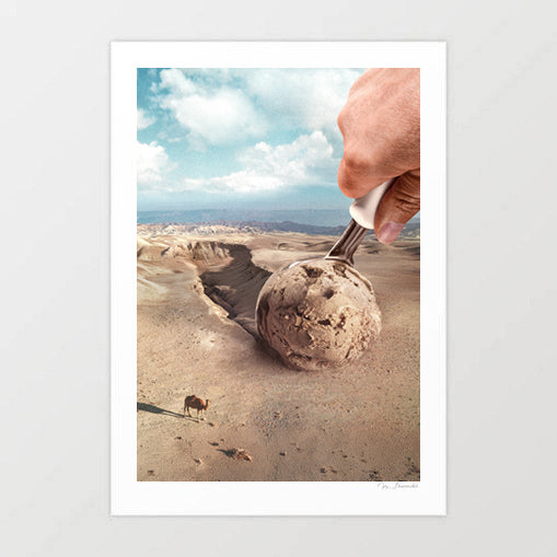Espresso Mirage art print — giant hand with ice cream scoop lifting a perfect ball of espresso-coloured desert sand as ice cream from an arid landscape while a tiny camel stands below, surreal coffee food art for cafes, hotel lobbies and eclectic interiors
