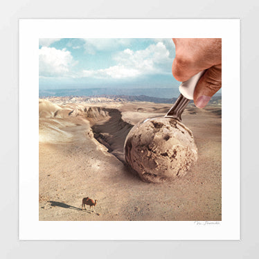 Espresso Mirage art print second view — close detail of ice cream scoop lifting a ball of warm ochre desert earth as espresso gelato with vast arid landscape and distant mountains beyond, surreal food and landscape art for restaurants and creative studios