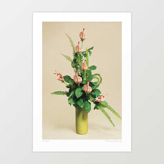 Surreal art print — elegant floral arrangement in a gold cylinder vase where every bloom is a manicured hand with red nails giving the middle finger, botanical dark humour wall art by Vertigo Artography