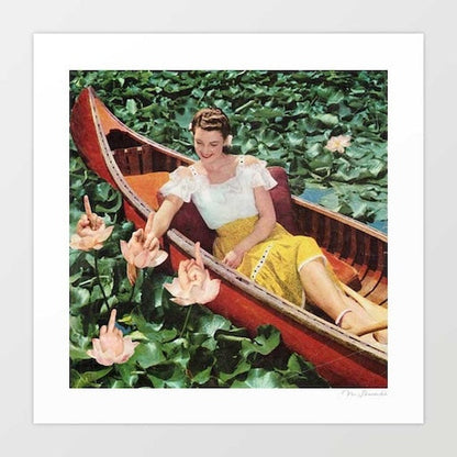 Fingers for Lily art print second view — vintage 1940s woman relaxing in a wooden canoe amid a dense bed of lily pads and pink lotus flowers, multiple small hands with raised fingers growing among the blooms like flowers, warm saturated retro colour palette, ironic surreal botanical wall art for holiday lets, Airbnbs, bach decor and romantic eclectic interiors
