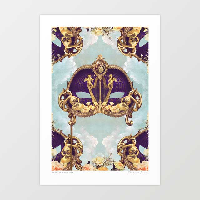 Floral Extravagance Venetian mask art print — deep royal purple Volto mask on gold staff with gold baroque cherubs climbing the staff gold reclining Art Nouveau female figures along the lower edge and a small oval medallion at the crown against a soft celestial blue sky, baroque maximalist wall art for opulent regal interiors