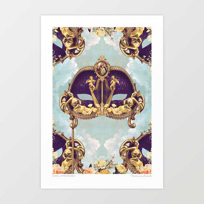 Floral Extravagance Venetian mask art print — deep royal purple Volto mask on gold staff with gold baroque cherubs climbing the staff gold reclining Art Nouveau female figures along the lower edge and a small oval medallion at the crown against a soft celestial blue sky, baroque maximalist wall art for opulent regal interiors