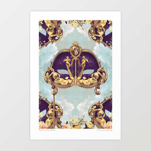 Floral Extravagance Venetian mask art print — deep royal purple Volto mask on gold staff with gold baroque cherubs climbing the staff gold reclining Art Nouveau female figures along the lower edge and a small oval medallion at the crown against a soft celestial blue sky, baroque maximalist wall art for opulent regal interiors