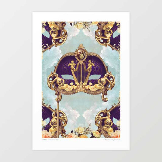 Floral Extravagance Venetian mask art print — deep royal purple Volto mask on gold staff with gold baroque cherubs climbing the staff gold reclining Art Nouveau female figures along the lower edge and a small oval medallion at the crown against a soft celestial blue sky, baroque maximalist wall art for opulent regal interiors