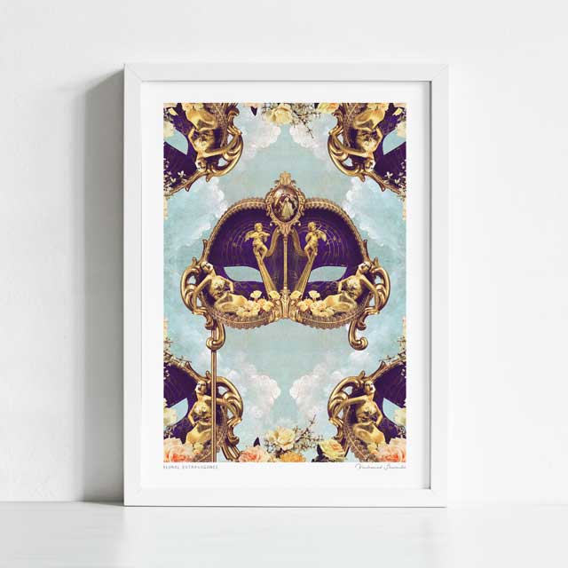 Floral Extravagance Venetian mask art print framed view — ornate royal purple and gold Venetian mask surrounded by baroque gold cherubs reclining goddesses and corner figures against a celestial sky with cream roses, regal maximalist masquerade wall art for boutique hotels and gallery walls