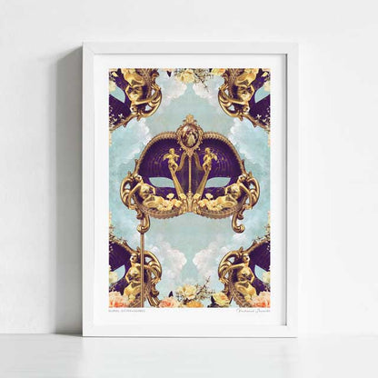 Floral Extravagance Venetian mask art print framed view — ornate royal purple and gold Venetian mask surrounded by baroque gold cherubs reclining goddesses and corner figures against a celestial sky with cream roses, regal maximalist masquerade wall art for boutique hotels and gallery walls