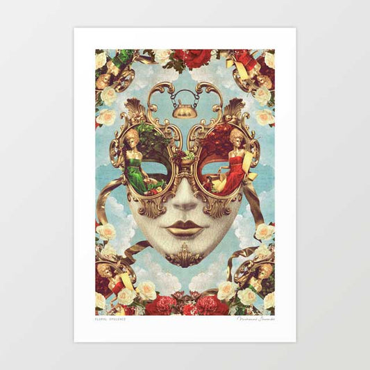 Floral Opulence Venetian mask art print — ornate white porcelain Bauta mask with gold baroque scrollwork and cream roses revealing left eye scene of woman in green dress with garden produce and right eye scene of woman in red dress at dining table with pendant lamp above, baroque garden to table wall art for restaurants and maximalist interiors