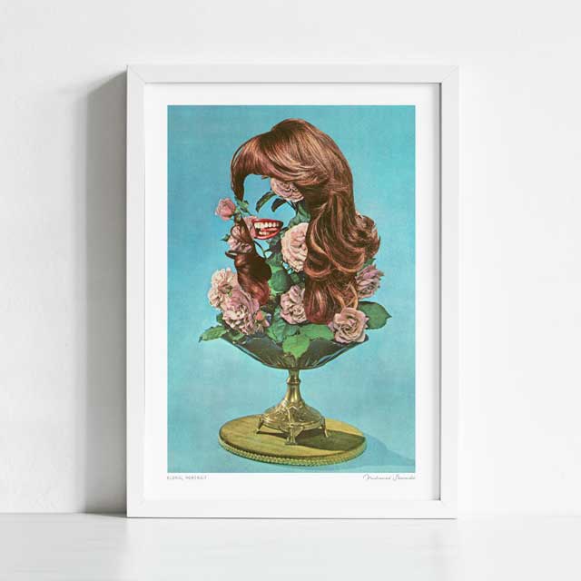Floral Portrait art print framed view — surreal collage of feminine face blended with vibrant botanicals, floral wall art for contemporary homes and eclectic gallery walls