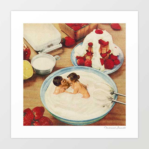Fruity surreal art print — 1950s food photograph with a couple embracing in a large bowl of whipped cream surrounded by fresh strawberries sugar and a finished shortcake, retro kitsch romantic wall art for kitchens and eclectic interiors