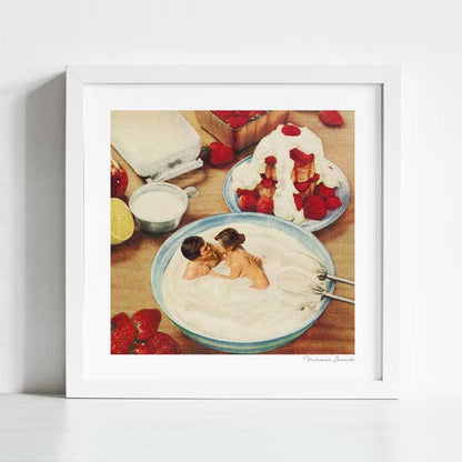 Fruity art print framed view — surreal vintage collage of a couple kissing in a whipped cream mixing bowl with strawberries and a hand mixer, retro kitsch funny romantic wall art for dining rooms and gallery walls