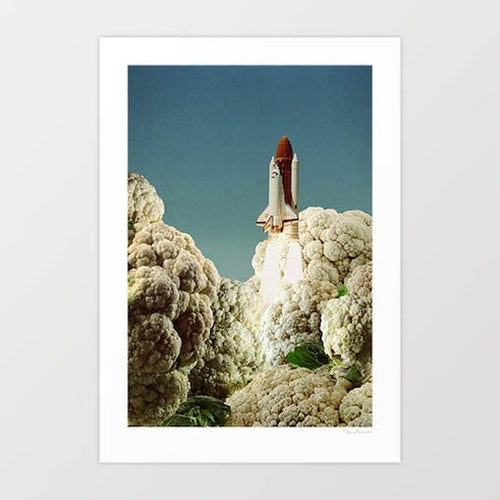 Houston We Have Cauliflower surreal art print — NASA rocket launching from giant cauliflower florets, retro space food humour wall art for kitchens and eclectic interiors
