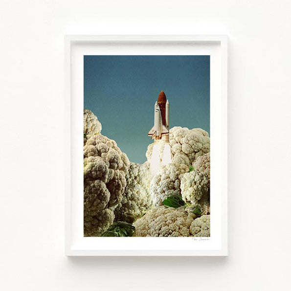 Houston We Have Cauliflower detail view — vintage surreal collage of space shuttle blasting off from cauliflower clouds, quirky vegan space wall art for offices and creative spaces