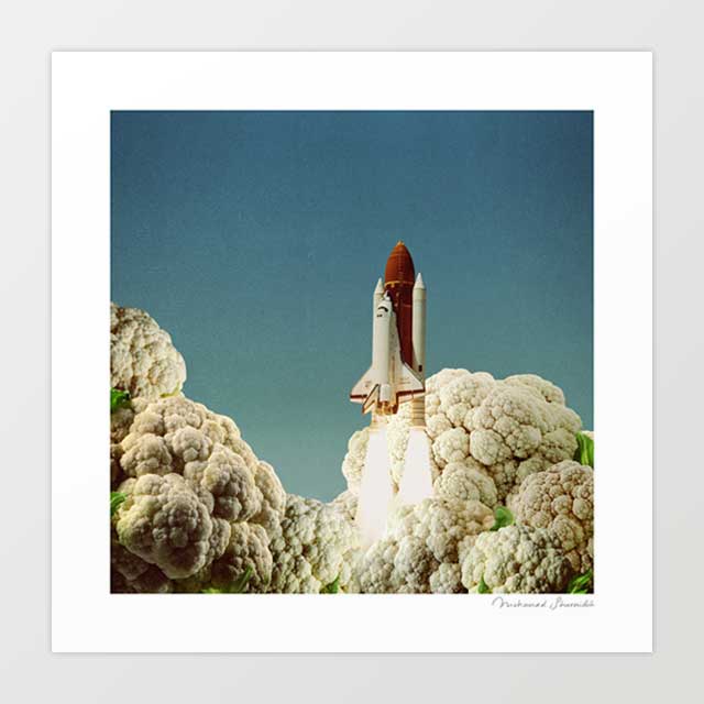 Houston We Have Cauliflower art print portrait — retro NASA-inspired rocket launch from oversized cauliflower, funny food space wall art for bold kitchens and gallery walls